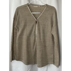 Soft Surroundings Beige Front Zip Slight Sheer Long Sleeve Sweater Size Medium
